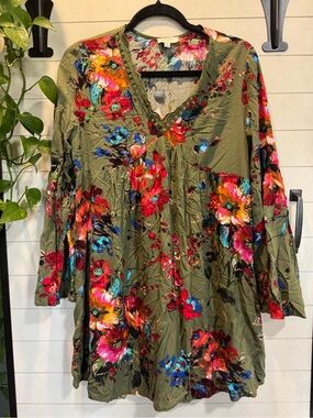 Umgee Olive Floral Long Sleeve V-Neck Dress
